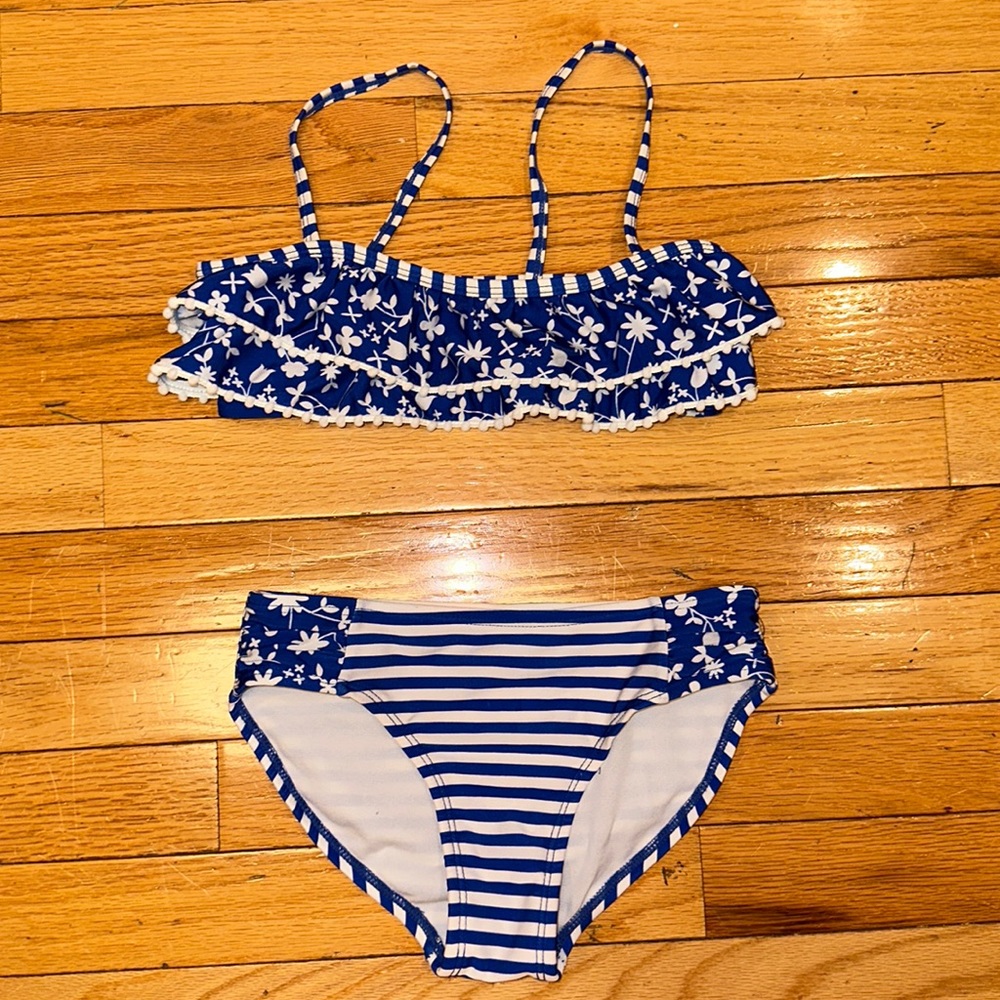 Cat & Jack Bikini Ruffle Floral Stripe Blue White Girls Size Small 6 6x 2 Piece